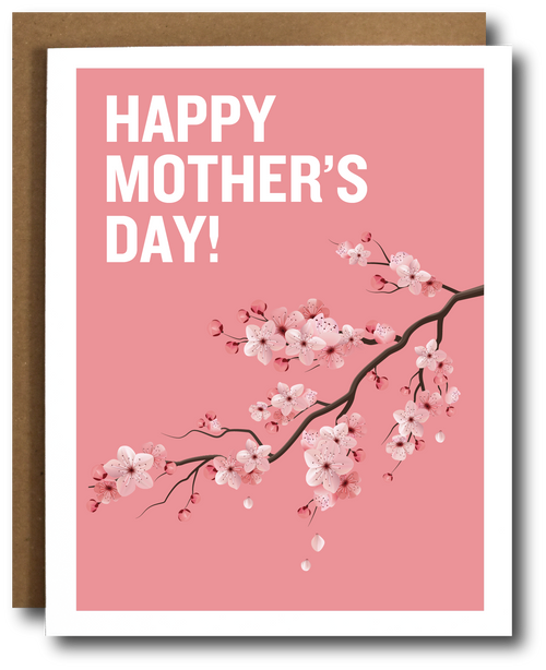 Mother's Day card with cherry blossoms and 'Happy Mother's Day!' text on a pink background.