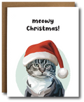 Greeting card with a grumpy tabby cat wearing a Santa hat, captioned “Meowy Christmas!”