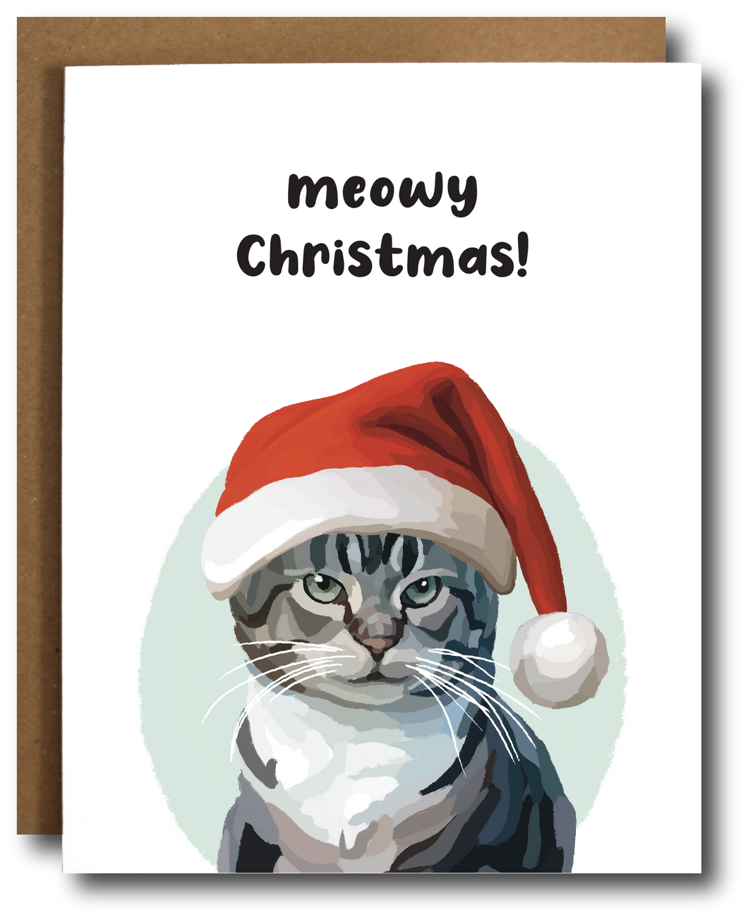 Greeting card with a grumpy tabby cat wearing a Santa hat, captioned “Meowy Christmas!”