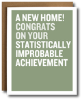 Card with humorous new home congratulations text on a green background