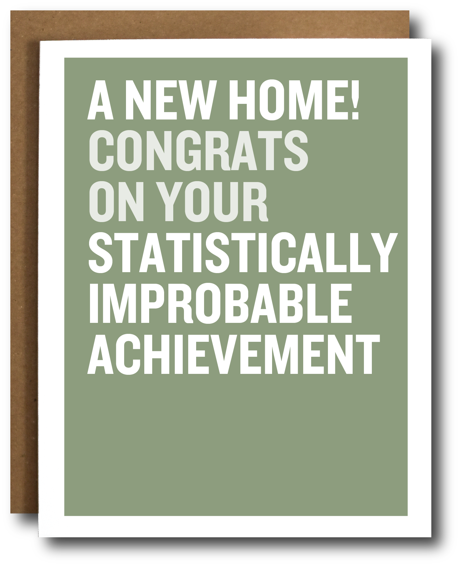 Card with humorous new home congratulations text on a green background