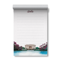 A vertical desk notepad with a rolled top, featuring lined writing space and the word 'Notes' at the top, with a watercolor illustration of the Lincoln Memorial and pink flowering trees along the bottom.