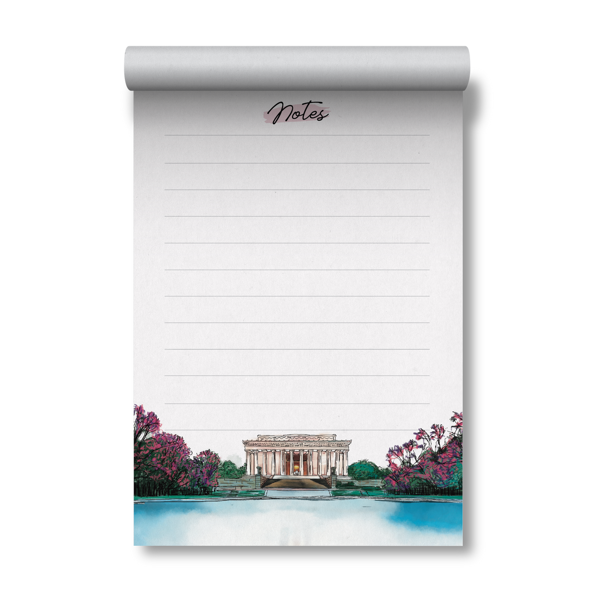 A vertical desk notepad with a rolled top, featuring lined writing space and the word 'Notes' at the top, with a watercolor illustration of the Lincoln Memorial and pink flowering trees along the bottom.