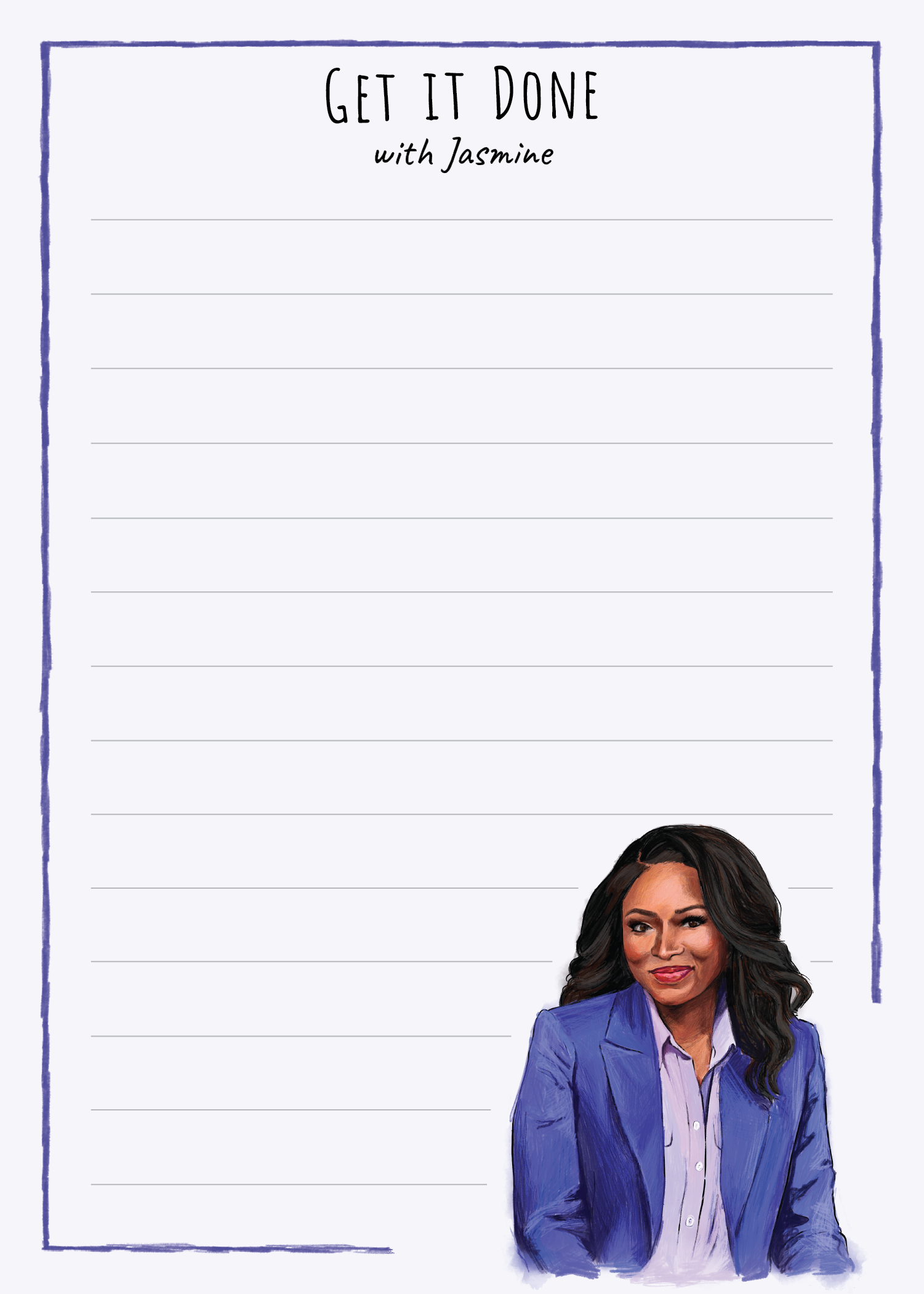 Jasmine Crockett 'Get It Done' notepad by The Card Bureau, featuring a bold illustration of Congresswoman Jasmine Crockett in a purple blazer at the bottom corner; lined 5x7 inch notepad with 50 sheets, perfect for to-do lists, notes, or daily planning