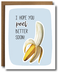 Greeting card with a banana illustration and text on a light blue background