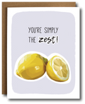 Greeting card with lemons and text 'You're simply the zest!' on a purple background