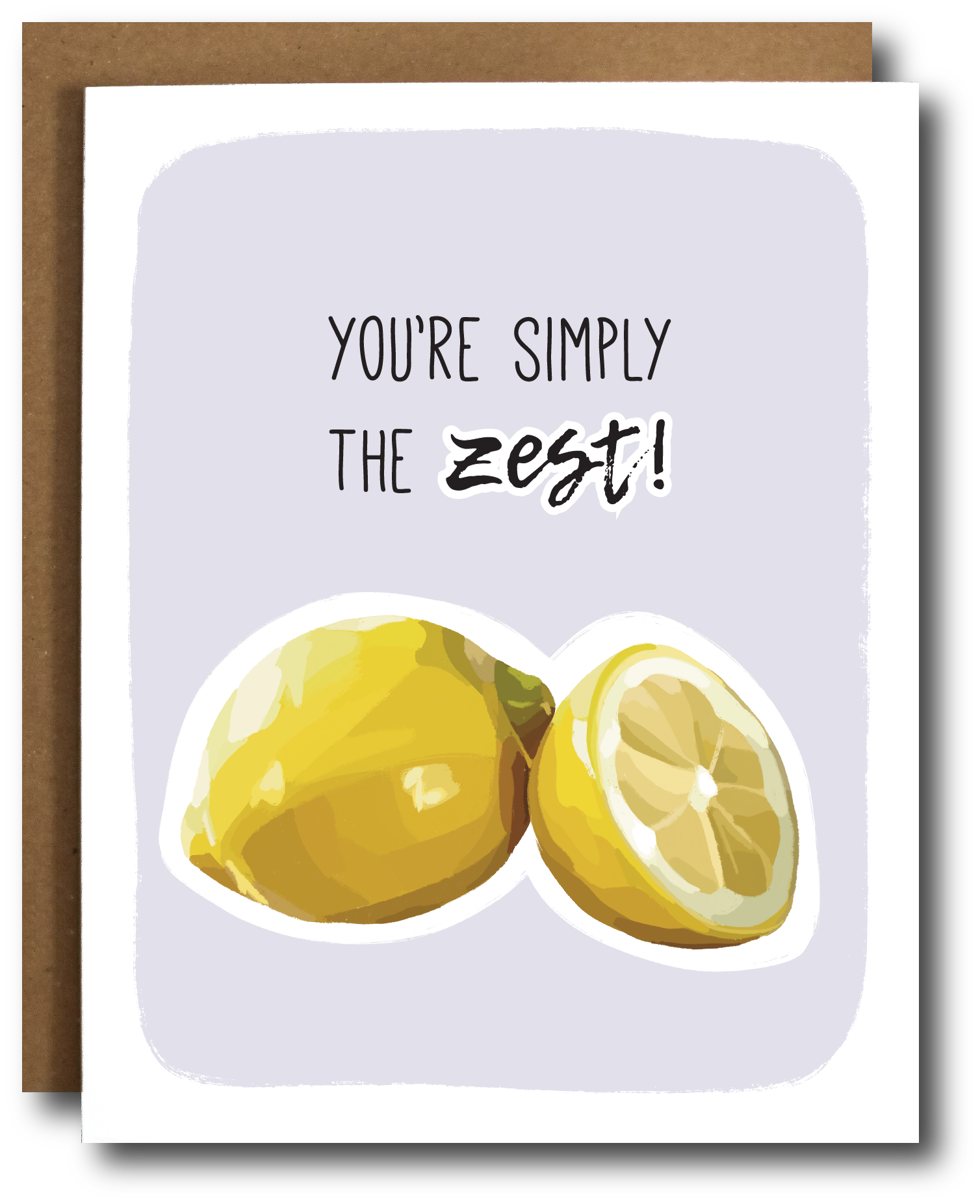 Greeting card with lemons and text 'You're simply the zest!' on a purple background