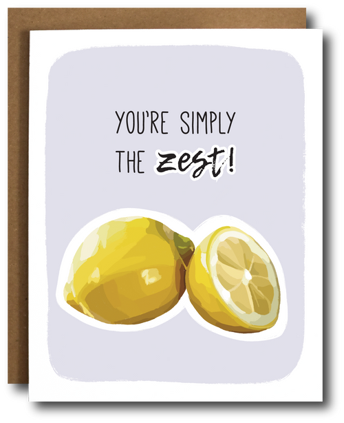Greeting card with lemons and text 'You're simply the zest!' on a purple background
