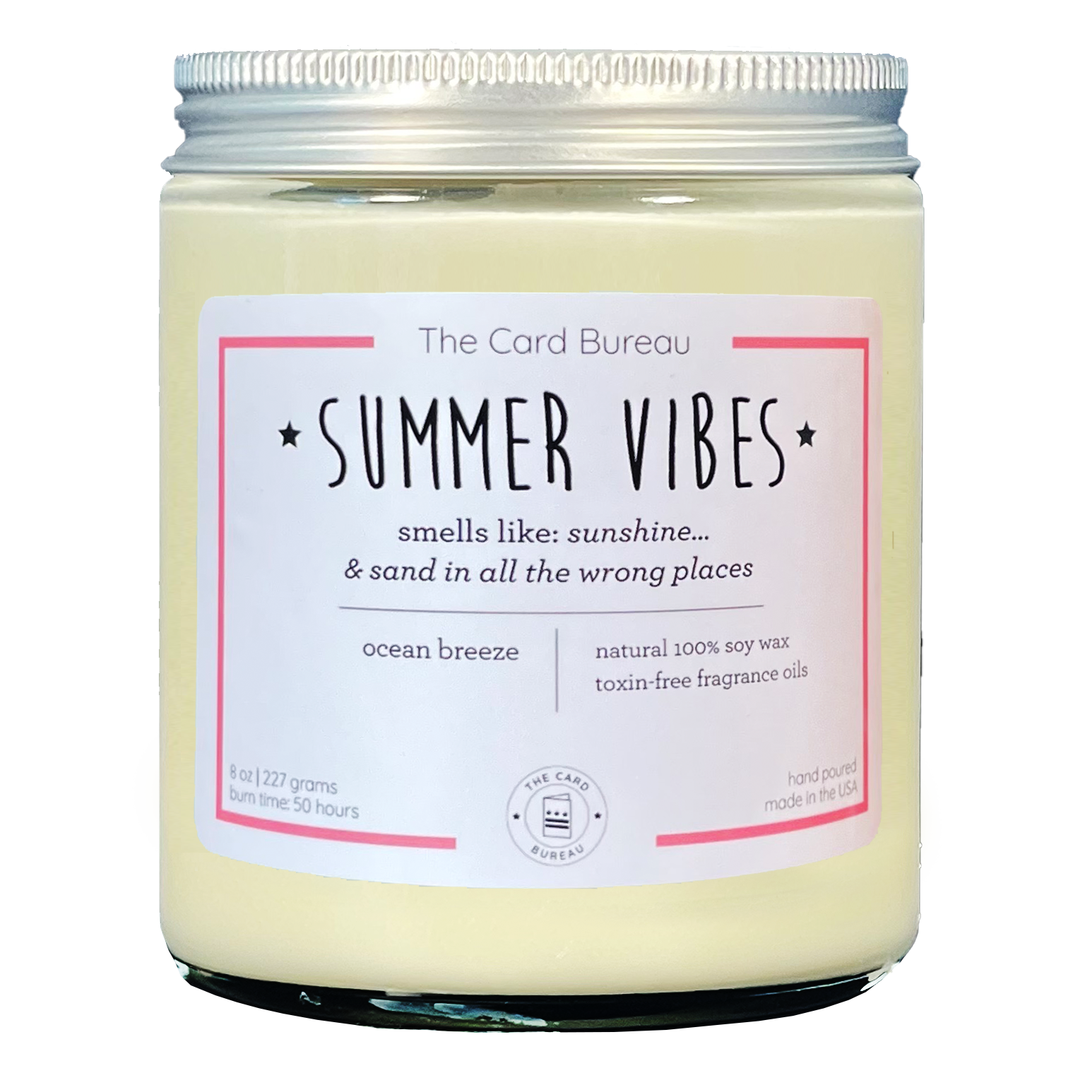 Photo of Summer Vibes 8ounce 50 hour soy wax candle in glass jar with tin lid. Tagline reads Smells like sunshine... and sand in all the wrong places. scent is ocean breeze