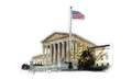 Sticker with an iIlustration of the Supreme Court building with an American flag on a white background.