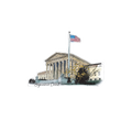 Illustration of the Supreme Court building with an American flag on a white background