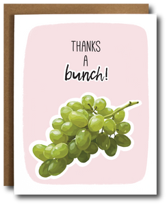 Greeting card with green grapes illustration and 'Thanks a bunch!' text on pink background