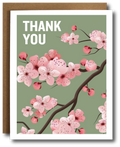 Greeting card with cherry blossom design and 'Thank You' text on a green background