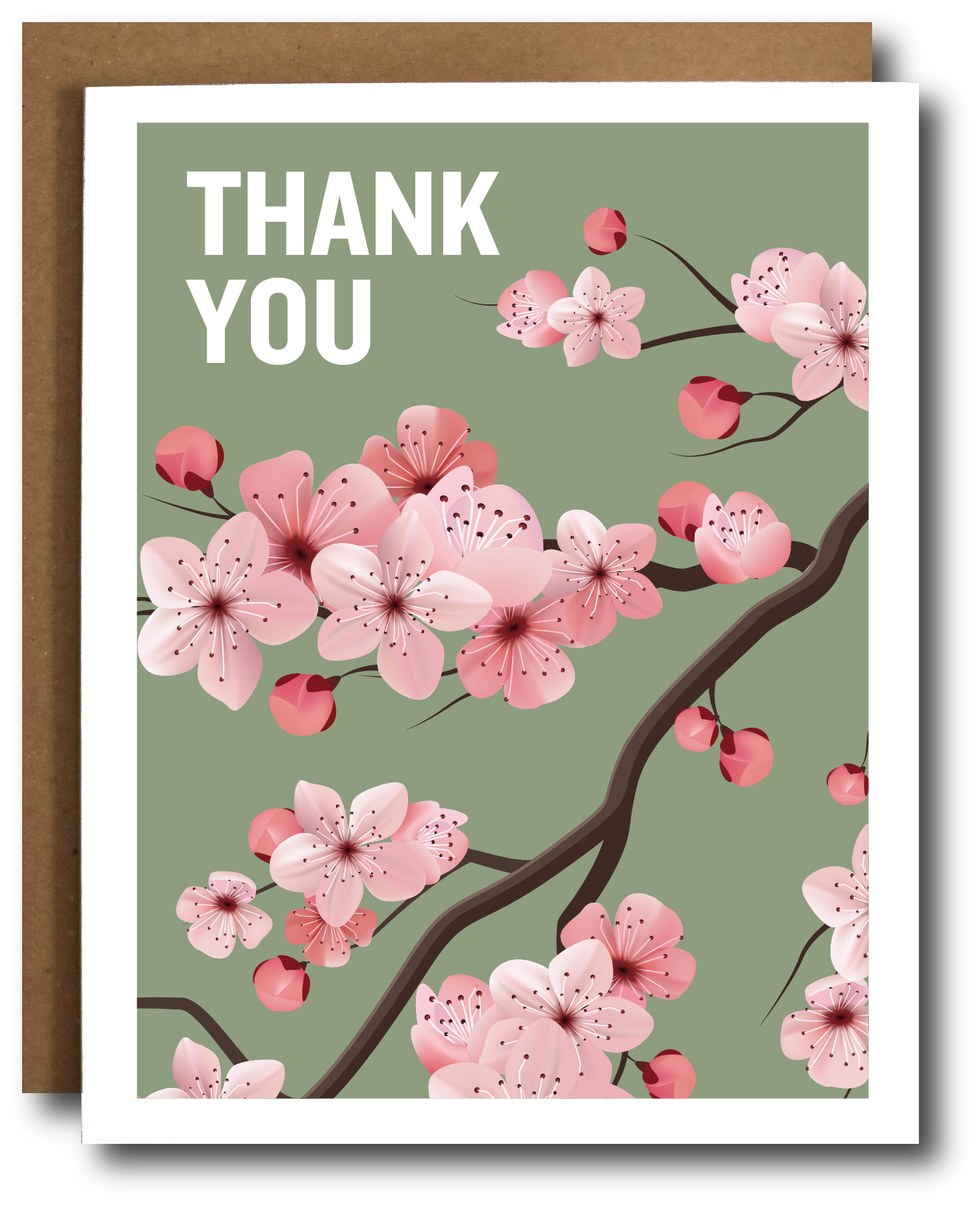 Greeting card with cherry blossom design and 'Thank You' text on a green background