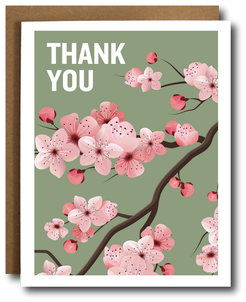 Greeting card with cherry blossom design and 'Thank You' text on a green background