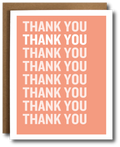 A greeting card with a coral pink background and bold white text reading 'THANK YOU' repeated nine times, shown with a brown kraft envelope behind it on a white background.