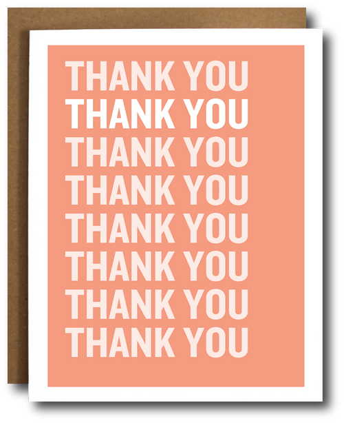 A greeting card with a coral pink background and bold white text reading 'THANK YOU' repeated nine times, shown with a brown kraft envelope behind it on a white background.