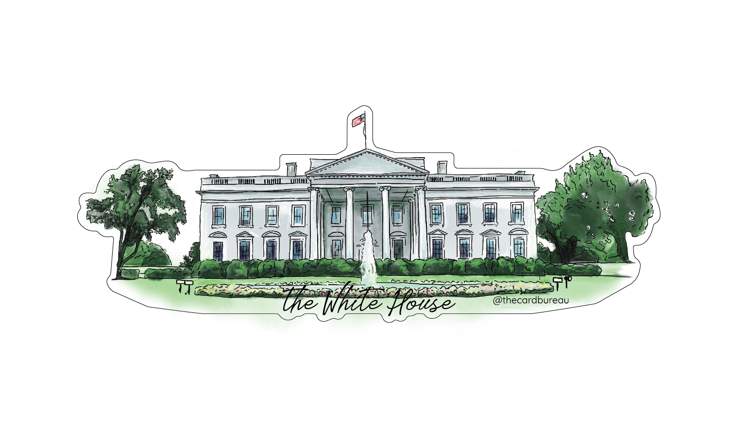 Sticker with an illustration of The White House with trees and a flag on a white background.