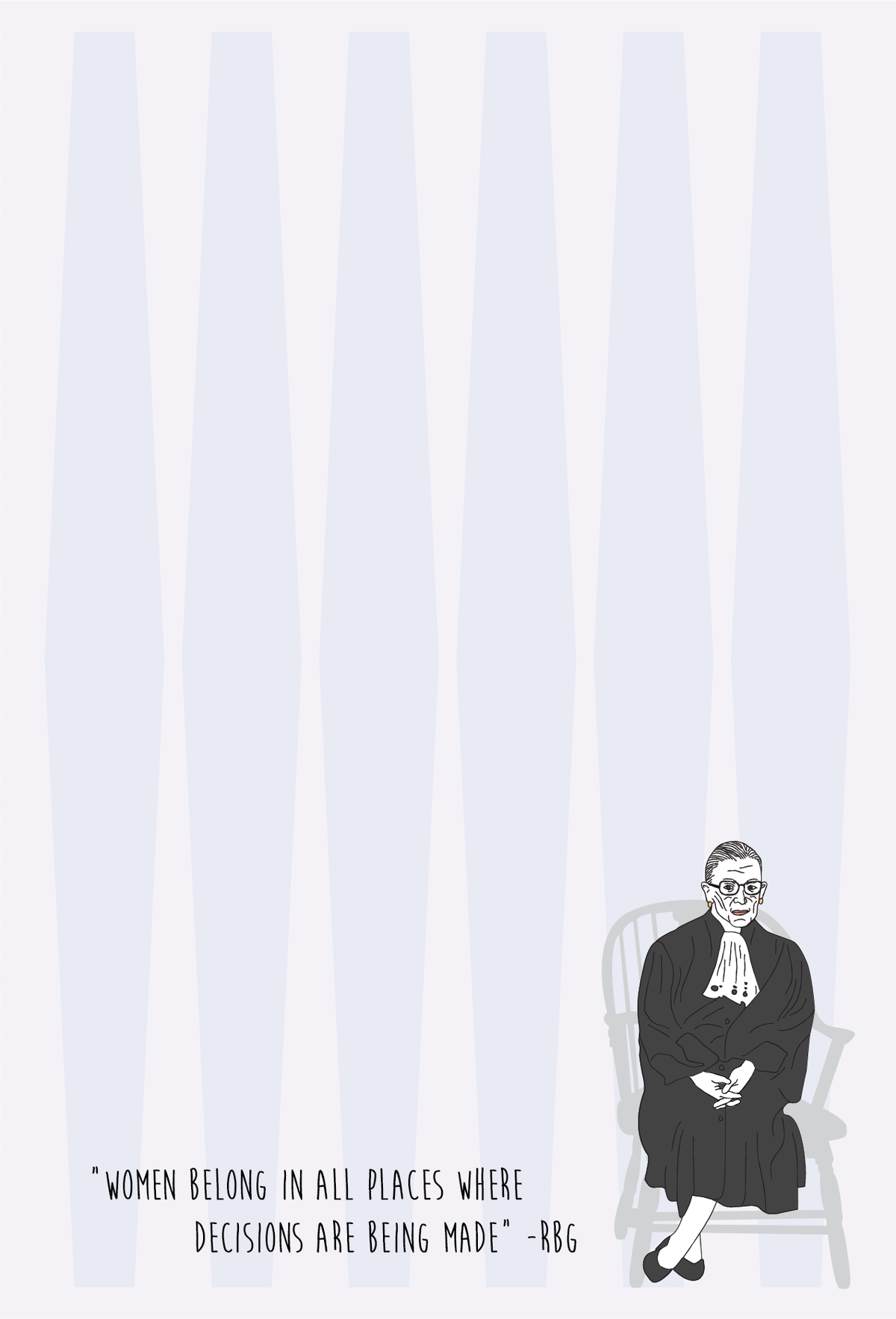 Illustration of Ruth Bader Ginsberg in a black dress sitting in a chair with text on a striped background